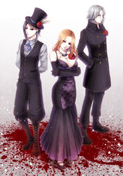  2boys achikoako black_hair black_sclera blood boots breasts buttons coat colored_sclera commentary_request double-breasted dress elbow_gloves female flower formal gloves hands_in_pockets hat itori_(tokyo_ghoul) jewelry large_breasts looking_at_viewer multiple_boys necklace orange_hair red_eyes rose silver_hair standing tokyo_ghoul top_hat uta_(tokyo_ghoul) waistcoat yomo_renji 