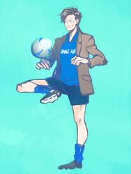  1boy ball commentary_request doctor_who eleventh_doctor_(doctor_who) jacket kamaboko_(moyaciv) male_focus simple_background soccer_ball soccer_uniform socks solo sportswear the_doctor 