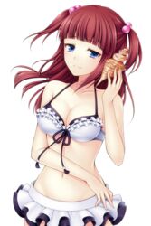  bikini bikini_skirt blue_eyes breasts cleavage commentary_request conch dark_red_hair female frilled_bikini frills hair_bobbles hair_ornament highres medium_breasts red_hair shell_to_ear smile solo swimsuit transparent_background two_side_up umineko_no_naku_koro_ni ushiromiya_ange uzu_hi white_bikini 