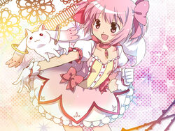  :d blush bow bubble_skirt chigo commentary_request dress female gloves hair_ribbon hairbow kaname_madoka kaname_madoka_(magical_girl) kyuubee magical_girl mahou_shoujo_madoka_magica mahou_shoujo_madoka_magica_(anime) open_mouth photoshop_(medium) pink_eyes pink_hair ribbon short_hair short_twintails skirt smile twintails 