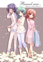  3girls :d ;o barefoot blanket blue_eyes blue_hair blush braid commentary_request cover cover_page cup doujin_cover glasses green_eyes green_hair hair_down hair_ornament hair_over_shoulder hair_scrunchie hands_on_own_chest hidamari_sketch hiro_(hidamari_sketch) long_hair mug multiple_girls natsume_(hidamari_sketch) one_eye_closed open_mouth pajamas pink_eyes pink_hair quro_(black_river) sae_(hidamari_sketch) scrunchie short_hair single_braid smile star_(symbol) tears yawning 