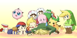  5boys black_hair blonde_hair blue_eyes commentary_request female hanjuku_tomato hat hood ice_climber jigglypuff kirby kirby_(series) link lucas_(mother_3) mario_(series) mother_(game) mother_2 mother_3 multiple_boys nana_(ice_climber) ness_(mother_2) pikachu pointy_ears pokemon pokemon_(creature) popo_(ice_climber) smile super_smash_bros. the_legend_of_zelda the_legend_of_zelda:_the_wind_waker the_legend_of_zelda:_twilight_princess toon_link yoshi 