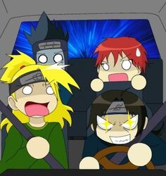  4boys akatsuki akatsuki_(naruto) artist_request azumanga_daiou black_hair blonde_hair blue_hair car comedy deidara funny hoshigaki_kisame long_hair lowres male male_focus motor_vehicle multiple_boys naruto naruto_shippuuden parody psycho red_hair sasori sweatdrop uchiha_itachi vehicle 