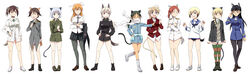  501st_joint_fighter_wing 6+girls absurdres adjusting_eyewear agahari alternate_hairstyle animal_ears bare_legs bespectacled black_hair black_pantyhose blonde_hair blue_eyes blush boots braid brown_hair cat_ears cat_girl cat_tail charlotte_e._yeager charlotte_e._yeager_(cosplay) closed_eyes commentary_request cosplay costume_switch dog_ears dog_girl dog_tail eila_ilmatar_juutilainen eila_ilmatar_juutilainen_(cosplay) erica_hartmann erica_hartmann_(cosplay) everyone fox_ears fox_girl fox_tail francesca_lucchini francesca_lucchini_(cosplay) full_body gertrud_barkhorn gertrud_barkhorn_(cosplay) glasses green_eyes grey_hair hand_in_pocket hand_on_own_hip hands_on_own_hips highres legs long_hair lynette_bishop lynette_bishop_(cosplay) military military_uniform minna-dietlinde_wilcke minna-dietlinde_wilcke_(cosplay) miyafuji_yoshika miyafuji_yoshika_(cosplay) multiple_girls necktie no_pants no_socks panties pantyhose perrine_h._clostermann perrine_h._clostermann_(cosplay) rabbit_ears rabbit_girl rabbit_tail red_hair sailor sakamoto_mio sakamoto_mio_(cosplay) sanya_v._litvyak sanya_v._litvyak_(cosplay) scarf school_uniform serafuku short_hair simple_background single_braid smile standing standing_on_one_leg star_(symbol) strike_witches striped_clothes striped_panties striped_thighhighs tail thighhighs twintails underwear uniform white_pantyhose wolf_ears wolf_girl wolf_tail world_witches_series yellow_eyes 