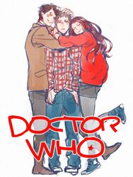  2boys amy_pond boots commentary_request converse denim doctor_who eleventh_doctor_(doctor_who) female hug jacket jeans kamaboko_(moyaciv) multiple_boys pants rory_williams shirt shoes simple_background smile sneakers tears the_doctor 