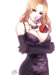  achikoako black_sclera breast_hold breasts cleavage colored_sclera commentary_request crossed_arms dress elbow_gloves female flower gloves itori_(tokyo_ghoul) jewelry lace large_breasts looking_at_viewer necklace orange_hair red_eyes rose seductive_smile smile solo tokyo_ghoul 