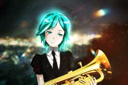  1other androgynous aqua_eyes aqua_hair black_necktie blurry blurry_background collared_shirt commentary crossover euphonium gem_uniform_(houseki_no_kuni) genya_(genya67) hibike!_euphonium highres houseki_no_kuni instrument kurosawa_tomoyo necktie oumae_kumiko phosphophyllite puffy_sleeves shirt short_hair short_sleeves solo sparkle sweatdrop upper_body voice_actor_connection white_shirt 