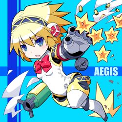  aegis_(persona) android arm_cannon blonde_hair blue_eyes blush bow character_name chibi commentary_request female finger_cannon finger_gun firing headphones open_mouth persona persona_3 shell_casing short_hair solo weapon yuuno 