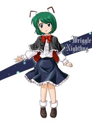  antennae blue_eyes blush capelet character_name commentary_request female green_hair short_hair smile solo supon touhou wriggle_nightbug 