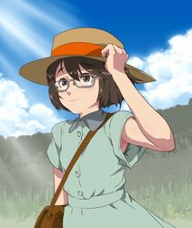  :3 aged_down armpit_peek armpits bad_id bad_pixiv_id bag brown_eyes brown_hair dress female fujisawa_takashi glasses hand_on_headwear hat light_rays naruse_kozue outdoors seikimatsu_occult_gakuin smile solo sunbeam sunlight upper_body 