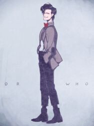  1boy boots bow bowtie commentary_request doctor_who eleventh_doctor_(doctor_who) image_sample jacket kamaboko_(moyaciv) male_focus md5_mismatch pixiv_sample shirt simple_background solo suspenders the_doctor 