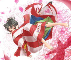  attack bare_legs barefoot commentary earrings falling female hand_fan inuyasha japanese_clothes jewelry kagura_(inuyasha) kimono petals pointy_ears red_eyes robe saiha tied_hair 