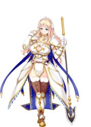  aqua_eyes argyle_cutout armor armored_boots blonde_hair boots breasts cleavage_cutout clothing_cutout esta_(sennen_sensou_aigis) female full_body greaves holding holding_polearm holding_weapon large_breasts long_hair matanonki official_art pauldrons polearm sennen_sensou_aigis shoulder_armor smile solo spear thigh_boots thighhighs tiara transparent_background weapon 