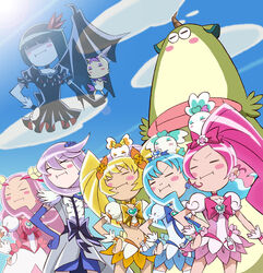  6+girls :i arm_warmers asymmetrical_clothes black_dress black_hair blonde_hair blue_dress blue_flower blue_gloves blue_hair blue_rose blue_skirt blush bob_cut bow brooch choker chypre_(heartcatch_precure!) closed_eyes coffret_(heartcatch_precure!) cologne_(heartcatch_precure!) commentary_request coupe_(heartcatch_precure!) cure_blossom cure_flower cure_marine cure_moonlight cure_sunshine dark_precure detached_sleeves dress earrings elbow_gloves flower gloves green_hair hair_flower hair_ornament hair_ribbon hanasaki_kaoruko hanasaki_tsubomi heart heart_brooch heartcatch_precure! high_ponytail jewelry kurumi_erika long_hair magical_girl midriff multiple_girls myoudouin_itsuki navel orange_bow orange_skirt pink_bow pink_choker pink_dress pink_hair pink_skirt ponytail potpourri_(heartcatch_precure!) precure puffy_sleeves purple_dress purple_hair ribbon rose shirt short_hair single_wing skirt standing tawashi_(tawashisan) tsukikage_yuri twintails very_long_hair waist_bow wavy_hair wings wrist_cuffs yellow_bow yellow_choker yellow_skirt 