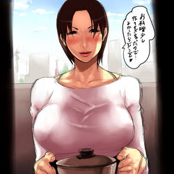  blush bra_strap breasts brown_hair commentary_request cooking_pot doorway female housewife huge_breasts looking_at_viewer mature_eyes mature_female mole mole_under_eye original pov sawao short_hair solo translated 