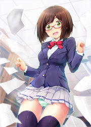  blush breasts brown_hair commentary_request crotch_seam female glasses green_eyes green_panties idolmaster idolmaster_cinderella_girls kashi maekawa_miku medium_breasts open_mouth panties school_uniform short_hair solo striped_clothes striped_panties thighhighs underwear 