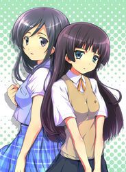  2girls aragaki_ayase back-to-back black_eyes black_hair blue_eyes commentary_request gokou_ruri kashi long_hair mole mole_under_eye multiple_girls ore_no_imouto_ga_konna_ni_kawaii_wake_ga_nai school_uniform sweater_vest 