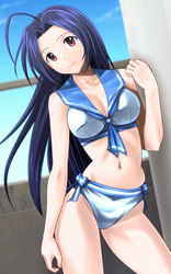  ahoge bikini blue_hair breasts cleavage commentary_request female highres idolmaster idolmaster_(classic) indoors long_hair looking_at_viewer medium_breasts miura_azusa muhi11234 navel red_eyes sailor_bikini sailor_collar sailor_swimsuit_(idolmaster) solo swimsuit 