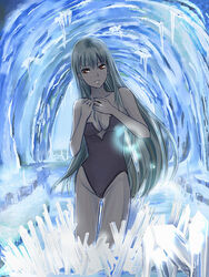  bare_shoulders blue_eyes blue_hair breasts cleavage female final_fantasy final_fantasy_vii ice icicle leotard long_hair plumsyrup red_eyes snow_(ff7) solo 