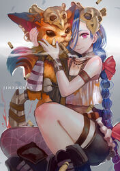  1boy belt blue_hair bow breasts canking character_name chinese_commentary choker cigar cleavage commentary_request earrings english_text female gnar_(league_of_legends) hairbow jewelry jinx_(league_of_legends) league_of_legends long_hair looking_at_viewer nail_polish necklace photoshop_(medium) red_eyes shell_casing single_thighhigh skull small_breasts smile squatting thigh_strap thighhighs very_long_hair 