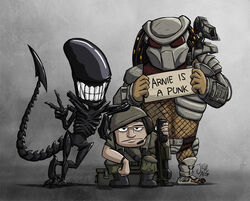  2014 alien alien_(franchise) alien_vs._predator_(franchise) armat_battlefield_systems claws digital_media_(artwork) english_text gesture grey_background grin group gun hand_gesture human josh_ng looking_at_viewer male mammal not_furry predator_(franchise) pulse_rifle ranged_weapon rifle shoulder_cannon sign simple_background smile teeth text toe_claws v_sign weapon xenomorph yautja 