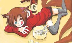  blue_eye claws female fox_ears fox_tail foxgirl heterochromia hood hoodie hoodie laon red_eye spoon tail thighhighs 