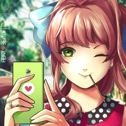  ;) blue_bow blurry blurry_background bow brown_hair cellphone closed_mouth commentary doki_doki_literature_club earrings english_commentary female food food_in_mouth green_eyes hairbow hannah_santos heart heart_print highres holding holding_phone jewelry long_hair looking_at_viewer monika_(doki_doki_literature_club) one_eye_closed phone pocky ponytail portrait sidelocks smartphone smile solo star-shaped_pupils star_(symbol) symbol-shaped_pupils 