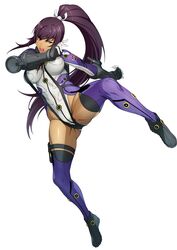  amanomiya_ayame black_hair bodysuit breasts crotch female full_body gloves high_ponytail highres large_breasts leg_up long_hair official_art open_mouth simple_background solo strap_gap super_robot_wars super_robot_wars_x-omega tsurime watanabe_wataru_(character_designer) white_background 