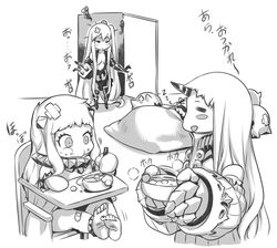  4girls :t =_= absurdly_long_hair abyssal_ship aircraft_carrier_princess armor armored_boots bandages bandaid bandaid_on_knee bandaid_on_leg barefoot blanket blush_stickers boots carrying carrying_under_arm claws commentary_request crossed_bandaids eating enemy_aircraft_(kancolle) gauntlets greyscale head_bump high_chair horns kantai_collection long_hair midway_princess mittens momofuki_rio monochrome monster multiple_girls northern_ocean_princess one_side_up open_mouth photoshop_(medium) seaport_princess single_horn sitting sleeping squiggle stew torn_clothes turret very_long_hair zzz 