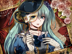  aqua_eyes aqua_hair choker commentary_request female flower formal gloves hand_on_own_chest hat hatsune_miku jewelry long_hair looking_at_viewer mask necklace rose solo tsujiori twintails vocaloid 