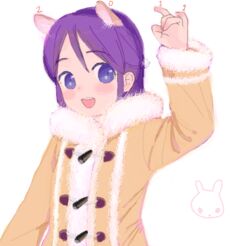  animal_ears blush coat female higebu inazuma_eleven inazuma_eleven_(series) kudou_fuyuka open_mouth purple_eyes purple_hair solo 