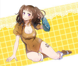  adjusting_hair animal_print arm_support blush boots breasts brown_hair brown_leotard buckle cleavage closed_mouth commentary_request conone covered_navel cross-laced_footwear diane_(nanatsu_no_taizai) elbow_gloves female fingerless_gloves full_body gloves hand_in_own_hair hand_up happy harness head_tilt high_collar highres hip_focus knee_boots kneeling lace lace_background large_breasts leaning leotard light_smile lipstick long_hair looking_at_viewer makeup nanatsu_no_taizai orange_background orange_footwear pink_lips puffy_short_sleeves puffy_sleeves purple_eyes short_sleeves single_elbow_glove sitting smile snake solo tattoo twintails yokozuwari 