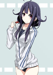  ahoge alternate_costume black_hair commentary_request female hair_flaps hirayama_(hirayamaniwa) holding jacket kantai_collection long_hair looking_at_viewer purple_eyes school_swimsuit smile solo swimsuit swimsuit_under_clothes taigei_(kancolle) track_jacket whistle 