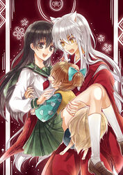  2boys amayu_(oxo0101) animal_ears bad_id bad_pixiv_id black_hair bow brown_eyes brown_hair carrying closed_eyes dog_ears female fox_tail hairbow higurashi_kagome hug inuyasha inuyasha_(character) japanese_clothes kneehighs long_hair multiple_boys open_mouth ponytail princess_carry school_uniform serafuku shippou_(inuyasha) smile socks tail white_hair white_legwear yellow_eyes 