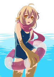  ahoge alternate_costume animal_ears blonde_hair commentary_request female jellypon lifebuoy liza_(monster_musume) looking_at_viewer monster_girl monster_musume_no_iru_nichijou monster_musume_no_iru_nichijou_online ocean oerba_yun_fang one-piece_swimsuit open_mouth orange_eyes pointy_ears red_scarf reptile_girl scarf school_swimsuit shiny simple_background solo standing swim_ring swimsuit transparent water yellow_eyes 