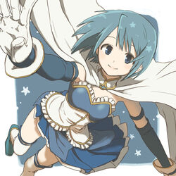  blue_eyes blue_hair cape commentary_request elbow_gloves female frills gecco_knight gloves looking_at_viewer magical_girl mahou_shoujo_madoka_magica mahou_shoujo_madoka_magica_(anime) miki_sayaka miki_sayaka_(magical_girl) open_mouth short_hair skirt smile solo strapless thighhighs white_thighhighs 