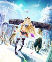  4boys 6+girls bare_shoulders black_gloves blonde_hair blue_eyes boots carrying carrying_over_shoulder commentary_request conone fingerless_gloves gloves highres long_hair midriff multiple_boys multiple_girls navel original scarf science_fiction shirt shorts thigh_boots thighhighs weapon 