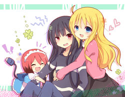  1boy 2girls :d ^_^ ahoge akasaka_ryuunosuke bad_id bad_pixiv_id blonde_hair blue_eyes blue_hair blush cable closed_eyes couple girl_sandwich holding hug hug_from_behind long_hair maid maid-chan_(sakura-sou) mini_person minigirl multiple_girls open_mouth red_eyes red_hair rita_ainsworth sakura-sou_no_pet_na_kanojo sandwiched smile straight uguisu_mochi_(ykss35) 