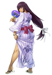  amanomiya_ayame ass black_hair bracelet female floral_print full_body hand_fan heel_up highres holding holding_fan japanese_clothes jewelry kimono long_hair long_sleeves looking_at_viewer low-tied_long_hair official_art paper_fan parted_lips sandals simple_background solo standing striped super_robot_wars super_robot_wars_x-omega tsurime uchiwa vertical_stripes watanabe_wataru_(character_designer) white_background yukata 