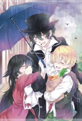  2boys alice_(pandora_hearts) bag black_hair blonde_hair bow braid brown_hair closed_eyes coat commentary_request female gilbert_nightray gloves grocery_bag highres long_hair multiple_boys open_mouth oz_vessalius pandora_hearts purimo_(xxxmofmof) rain ribbon shopping_bag short_hair smile trench_coat umbrella yellow_eyes 