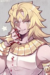  1boy armband blonde_hair blood blood_on_clothes blood_on_hands commentary_request dio_brando heaven_ascended_dio jojo_no_kimyou_na_bouken jojo_no_kimyou_na_bouken:_eyes_of_heaven kotorai long_hair male_focus smile solo star_(symbol) upper_body usekh_collar wrist_cuffs yellow_eyes 