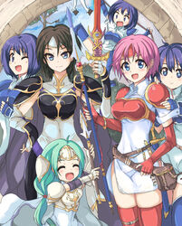  +_+ 6+girls :&gt; :d :o ;d ^_^ ahoge armor bad_id bad_pixiv_id belt_pouch black_hair blue_eyes blue_hair blue_sky blush bracelet breastplate breasts bridge brown_hair closed_eyes convenient_censoring cowboy_shot echizen_(hvcv) eyelashes fingerless_gloves fire_emblem fire_emblem:_path_of_radiance flying_sweatdrops gloves grey_hair hair_between_eyes hand_on_own_hip headband highres holding holding_sword holding_weapon jewelry laughing liquid lolicon looking_at_viewer marcia_(fire_emblem) medium_breasts multiple_girls one_eye_closed open_mouth pauldrons pegasus_knight_uniform_(fire_emblem) pink_hair plant polearm pouch scabbard sheath shoulder_armor shoulder_pads side_slit sigrun_(fire_emblem) sky smile sparkling_eyes spear spread_legs standing sword tanith_(fire_emblem) test_tube thighhighs thumbs_up tiara tree unsheathed weapon white_armor zettai_ryouiki 