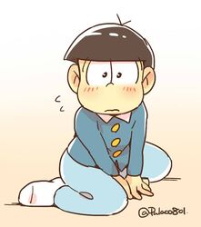  1boy arm_support bad_id bad_twitter_id blue_pants blush bowl_cut brown_hair flying_sweatdrops gradient_background lolicon looking_at_viewer male_focus matsuno_karamatsu osomatsu-kun osomatsu_(series) pants pulaco simple_background sitting socks solo tan_background twitter_username wariza wing_collar 