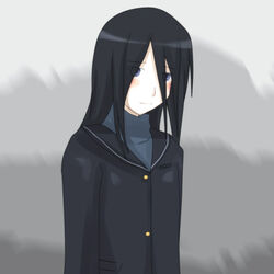  amagami bad_id bad_pixiv_id black_hair blue_eyes blush female hair_over_eyes hair_over_face hiba_manaka long_hair pale_skin school_uniform solo trifle_nihai turtleneck 