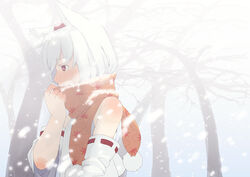  animal_ears bare_shoulders blush breath commentary_request detached_sleeves female hat inubashiri_momiji majima_yuki photoshop_(medium) red_eyes scarf short_hair snow solo tokin_hat touhou white_hair wind wolf_ears 