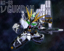  a_mituhashi beam_rifle char&#039;s_counterattack chibi clenched_hand commentary_request energy_gun glowing glowing_eyes gun gundam mecha no_humans nu_gundam photoshop_(medium) robot solo space weapon 