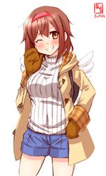  artist_logo backpack bag blue_shorts brown_coat brown_eyes brown_hair brown_mittens coat commentary_request cosplay cowboy_shot dated female grin hairband highres kanon kanon_(kurogane_knights) kantai_collection looking_at_viewer mittens one_eye_closed red_hairband ribbed_sweater shiratsuyu_(kancolle) short_hair shorts simple_background smile solo sweater tsukimiya_ayu tsukimiya_ayu_(cosplay) white_background white_sweater winged_bag 