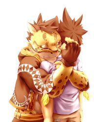  2017 anthro better_version_at_source bodily_fluids clothed clothing countershading crying duo felid hi_res hug human kawot leopard likulau male mammal nekojishi pantherine simple_background studio_klondike tears tian-liao_lin white_background 