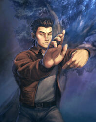  1boy black_hair brown_jacket closed_eyes commentary denim english_commentary fighting_stance hair_slicked_back hands_up hazuki_ryou jacket jeans leather leather_jacket male_focus martial_arts night outdoors pants shenmue shenmue_ii shirt solo spiked_hair tai_ho tom_waterhouse tree white_shirt 