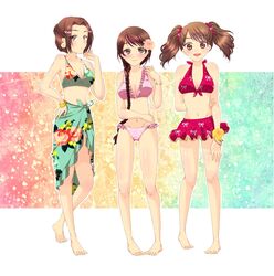  3girls barefoot bikini bracelet brown_eyes brown_hair commentary_request floral_print flower green_sarong hair_flower hair_ornament highres ichimatsu_kafu jewelry multicolored_background multiple_girls osakada_tomoka print_sarong ryuuzaki_sakuno sarong swimsuit tachibana_an tennis_no_ouji-sama twintails 